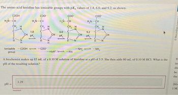 The amino acid histidine has ionizable groups with pK, values of 1.8, 6.0, and 9.2, as shown.
COOH
H₂N-CH
CH, H
pH =
1.29
COO
H₂N-CH
1.8
CH pk,
lonizable -COOH-COO-
group
Incorrect
CH, H
COO
H₂N-CH
6.0
CH pk,
CH, H
H N
CH
-HisH¹-His
COO
H₂N-CH
NH - NH,
A biochemist makes up 85 mL of a 0.10 M solution of histidine at a pH of 5.5. She then adds 60 mL of 0.10 M HCI. What is the
pH of the resulting solution?
CH, H
9.2 C
pk
CH
Macmillan Iraming
T
im
be
the
[His
IM.