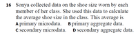 16 Sonya collected data on the shoe size worn by each
member of her class. She used this data to calculate
the average shoe size in the class. This average is
A primary microdata.
C secondary microdata.
B primary aggregate data.
D secondary aggregate data.
