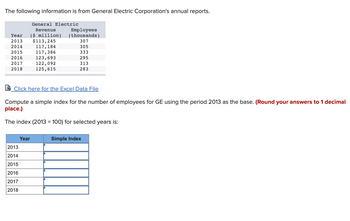 The following information is from General Electric Corporation's annual reports.
Year ($ million)
2013 $113,245
2014
117,184
2015
117,386
2016
123,693
2017
122,092
2018
125,615
General Electric
Revenue
Click here for the Excel Data File
2013
2014
2015
2016
2017
2018
Employees
(thousands)
307
305
333
295
313
283
Compute a simple index for the number of employees for GE using the period 2013 as the base. (Round your answers to 1 decimal
place.)
The index (2013 = 100) for selected years is:
Year
Simple Index