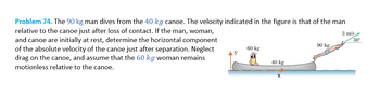 Problem 74. The 90 kg man dives from the 40 kg canoe. The velocity indicated in the figure is that of the man
relative to the canoe just after loss of contact. If the man, woman,
and canoe are initially at rest, determine the horizontal component
of the absolute velocity of the canoe just after separation. Neglect
drag on the canoe, and assume that the 60 kg woman remains
motionless relative to the canoe.
y
60 kg
40 kg
X
90 kg
3 m/s
30°