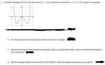 5. Consider the graph of f'(x), the derivative of y = f(x), defined on the domain -9 < x < 9, as given in the graph.
-10
W
-10
10
-10-
b. For what values of x does f(x) have a relative maximum? Explain.
C.
Determine the open intervals where the graph of f(x) is concave downwards. Show the analysis that leads to
your conclusion.
d. Sketch the graph of f(x) on the interval (-9, 9) if f(0)=0. Show the analysis that leads to your graph.