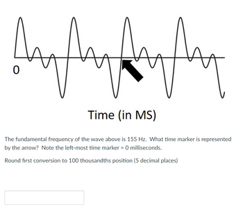 Khang thang thang thang
0
Time (in MS)
The fundamental frequency of the wave above is 155 Hz. What time marker is represented
by the arrow? Note the left-most time marker = 0 milliseconds.
Round first conversion to 100 thousandths position (5 decimal places)