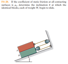 F4-20. If the coefficient of static friction at all contacting
surfaces is , determine the inclination e at which the
identical blocks, each of weight W, begin to slide.
