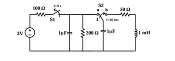 3V
100 £2
t=0 s
S1
1μF=
S2
a
1
200 £2
b
t=10 ms
1μF
50 22
1 mH