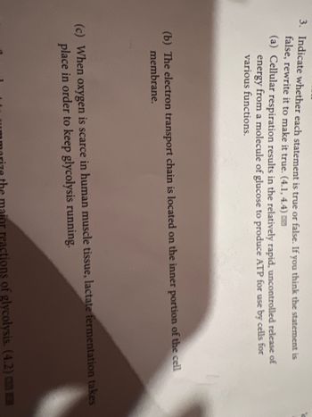 3. Indicate whether each statement is true or false. If you think the statement is
false, rewrite it to make it true. (4.1, 4.4)
(a) Cellular respiration results in the relatively rapid, uncontrolled release of
energy from a molecule of glucose to produce ATP for use by cells for
various functions.
(b) The electron transport chain is located on the inner portion of the cell
membrane.
(c) When oxygen is scarce in human muscle tissue, lactate fermentation takes
place in order to keep glycolysis running.
mai reactions of glycolysis. (4.2)