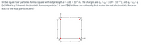 In the figure four particles form a square with edge length a = 4.61 × 102 m. The charges are q1 = q4 = 3.09 × 10*15 C and q2 = 93 = q.
(a) What is q if the net electrostatic force on particle 1 is zero? (b) Is there any value of q that makes the net electrostatic force on
each of the four particles zero?
12
a
