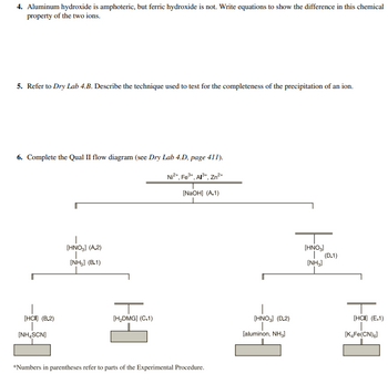 4. Aluminum hydroxide is amphoteric, but ferric hydroxide is not. Write equations to show the difference in this chemical
property of the two ions.
5. Refer to Dry Lab 4.B. Describe the technique used to test for the completeness of the precipitation of an ion.
6. Complete the Qual II flow diagram (see Dry Lab 4.D, page 411).
[HCI] (B.2)
[NH₁SCN]
[HNO₂] (A.2)
I
(NH3) (B1)
[H₂DMG] (C.1)
Ni²+, Fe³+, Al³+, Zn²+
[NaOH] (A.1)
*Numbers in parentheses refer to parts of the Experimental Procedure.
[HNO3] (D.2)
[aluminon, NH₂]
[HNO3]
[NH3]
(D.1)
[HCI) (E.1)
[K4Fe(CN)6]