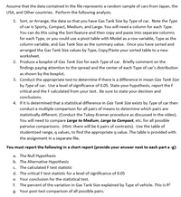 Assume that the data contained in the file represents a random sample of cars from Japan, the
USA, and Other countries. Perform the following analysis.
1. Sort, or Arrange, the data so that you have Gas Tank Size by Type of car. Note the Type
of car is Sporty, Compact, Medium, and Large. You will need a column for each Type.
You can do this using the Sort feature and then copy and paste into separate columns
for each Type, or you could use a pivot table with Model as a row variable, Type as the
column variable, and Gas Tank Size as the summary value. Once you have sorted and
arranged the Gas Tank Size values by Type, Copy/Paste your sorted table to a new
worksheet.
2. Produce a boxplot of Gas Tank Size for each Type of car. Briefly comment on the
findings paying attention to the spread and the center of each Type of car's distribution
as shown by the boxplot.
3. Conduct the appropriate test to determine if there is a difference in mean Gas Tank Size
by Type of car. Use a level of significance of 0.05. State your hypothesis, report the F
critical and the Fcalculated from your test. Be sure to state your decision and
conclusions.
4. If it is determined that a statistical difference in Gas Tank Size exists by Type of car then
conduct a multiple comparison for all pairs of means to determine which pairs are
statistically different. (Conduct the Tukey-Kramer procedure as discussed in the video).
You will need to compare Large to Medium, Large to Compact, etc. for all possible
pairwise comparisons. (Hint: there will be 6 pairs of contrasts). Use the table of
studentized range, q values, to find the appropriate q value. The table is provided with
the assignment in a separate file.
You must report the following in a short report (provide your answer next to each part a -g):
a. The Null Hypothesis
b. The Alternative Hypothesis
c. The calculated F test statistic
d. The critical F test statistic for a level of significance of 0.05
e. Your conclusion for the statistical test.
f. The percent of the variation in Gas Tank Size explained by Type of vehicle. This is R?
g. Your post-test comparison of all possible pairs.
