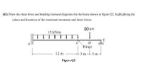 Q2) Draw the shear force and bending moment diagrams for the beam shown in figure Q2, highlighting the
values and locations of the maximum moments and shear forces.
80 kN
15 kN/m
E
A
D
Hinge
at3m-
12 m
-3 m
Figure Q2
