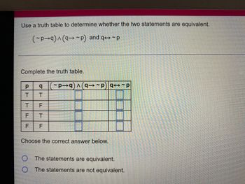 ### Logical Equivalence and Truth Tables

**Instruction:**
Use a truth table to determine whether the two statements are equivalent: \((\neg p \rightarrow q) \land (q \rightarrow \neg p)\) and \(q \leftrightarrow \neg p\).

**Truth Table:**

| \(p\) | \(q\) | \(\neg p\) | \(\neg p \rightarrow q\) | \(q \rightarrow \neg p\) | \((\neg p \rightarrow q) \land (q \rightarrow \neg p)\) | \(q \leftrightarrow \neg p\) |
|:----:|:----:|:---------:|:-----------------------:|:-----------------------:|:-----------------------------------------------------:|:-------------------------:|
|  T   |  T   |     F     |            T            |            F            |                          F                            |            F              |
|  T   |  F   |     F     |            T            |            T            |                          T                            |            T              |
|  F   |  T   |     T     |            T            |            T            |                          T                            |            T              |
|  F   |  F   |     T     |            F            |            T            |                          F                            |            F              |

### Analysis:
- **Column \( \neg p \)**: Represents the negation of \( p \).
- **Columns \( \neg p \rightarrow q \) and \( q \rightarrow \neg p \)**: Represents conditional statements.
- **Column \((\neg p \rightarrow q) \land (q \rightarrow \neg p)\)**: Represents the conjunction of the two conditional statements.
- **Column \( q \leftrightarrow \neg p \)**: Represents the biconditional statement.

### Conclusion:
The truth values in columns \((\neg p \rightarrow q) \land (q \rightarrow \neg p)\) and \( q \leftrightarrow \neg p \) are identical for all possible truth values of \( p \) and \( q \). Hence, the statements are equivalent.

**Choose the correct answer below:**
- \( \textcircled{O} \) The statements are equivalent.
- \( \) The statements are not equivalent.