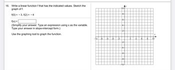 16. Write a linear function f that has the indicated values. Sketch the
graph of f.
f(0)= -3, f(2)=-4
f(x) =
(Simplify your answer. Type an expression using x as the variable.
Type your answer in slope-intercept form.)
Use the graphing tool to graph the function.
-8
Ay
10-
8-
6-
+2+
10