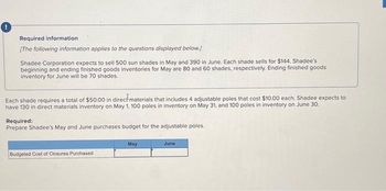 0
Required information
[The following information applies to the questions displayed below.]
Shadee Corporation expects to sell 500 sun shades in May and 390 in June. Each shade sells for $144. Shadee's
beginning and ending finished goods inventories for May are 80 and 60 shades, respectively. Ending finished goods
inventory for June will be 70 shades.
Each shade requires a total of $50.00 in direct materials that includes 4 adjustable poles that cost $10.00 each. Shadee expects to
have 130 in direct materials inventory on May 1, 100 poles in inventory on May 31, and 100 poles in inventory on June 30.
Required:
Prepare Shadee's May and June purchases budget for the adjustable poles.
Budgeted Cost of Closures Purchased
May
June