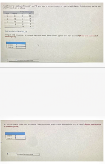 DRE
Two different forecasting techniques (F1 and F2) were used to forecast demand for cases of bottled water. Actual demand and the two
sets of forecasts are as follows:
Period
2
3
4
5
6
7
8
Demand
68
75
MAD F1
MAD F2
70
74
69
72
80
78
MSE F1
MSE F2
PREDICTED DEHAND
F2
66
68
70
72
F1
66
68
72
71
72
70
71
74
Click here for the Excel Data File
Compute MAD for each set of forecasts. Given your results, which forecast appears to be more accurate? (Round your answers to 1
decimal place.)
74
76
78
80
appears to be more accurate
b. Compute the MSE for each set of forecasts. Given your results, which forecast appears to be more accurate? (Round your answers
to 2 decimal places.)
4
appears to be more accurate