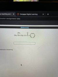 ### Organic Chemistry Assignment

**Cengage Digital Learning**

---

#### Chemical Structure Analysis

Below is the chemical structure you are required to analyze:

```
     CH3
     |
CH3-CH-CH2-O-  C
                    ||
                    O
                    \
                      /\
                    |    |
                  /    \

```

In this structure:

- There is a two-carbon chain with a methyl group (CH₃) attached to the second carbon (CH₃-CH-).
- The second carbon is also connected to an oxygen (O) atom forming an ester bond.
- The ester bond connects to a carbon (C) which forms a double bond with an oxygen atom (C=O, also known as a carbonyl group).
- Finally, the structure includes a benzene ring attached to the carbonyl group.

---

To complete your analysis, fill in the text box provided below with your answer based on the chemical structure described. There are _number_ attempts remaining.

---

For additional information or guidance, refer to the [References] section.

---

(Note: Replace "_number_" with the actual number of attempts remaining visible on your screen.)

**End of Task**

---
