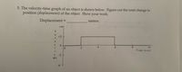 5. The velocity-time graph of an object is shown below. Figure out the total change in
position (displacement) of the object. Show
your work.
Displacement
meters.
+47
V
e
+2
i
01
6.
8.
10
Time (s ec)
y
-2
m's
4
