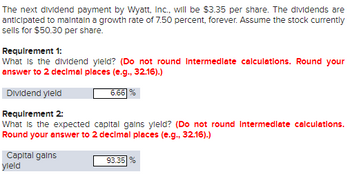 The next dividend payment by Wyatt, Inc., will be $3.35 per share. The dividends are
anticipated to maintain a growth rate of 7.50 percent, forever. Assume the stock currently
sells for $50.30 per share.
Requirement 1:
What is the dividend yield? (Do not round Intermediate calculations. Round your
answer to 2 decimal places (e.g., 32.16).)
Dividend yield
Requirement 2:
6.66%
What is the expected capital gains yield? (Do not round Intermediate calculations.
Round your answer to 2 decimal places (e.g., 32.16).)
Capital gains
yield
93.35%