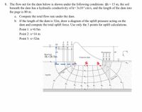 8. The flow net for the dam below is shown under the following conditions: Ah = 15 m, the soil
beneath the dam has a hydraulic conductivity of k= 3x10-3 cm/s, and the length of the dam into
the page is 80 m.
a. Compute the total flow rate under the dam.
b. If the length of the dam is 32m, draw a diagram of the uplift pressure acting on the
dam and compute the total uplift force. Use only the 3 points for uplift calculations.
Point 1: x=0.5m
Point 2: x=14 m
Point 3: x=32m
Ah
Reservoir
Hj=20.5m
Piezometers
DEF
Ah
Concrete dam
3
Aquifer
Equipotenti
Flow line
