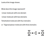 Look at the image shown.
What does this image represent?
Linear molecule with one domain
Linear molecule with two domains
Tetrahedral molecule with four domains
or Trigonal planar molecule with three domains
O = C = 0
