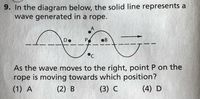 9. In the diagram below, the solid line represents a
wave generated in a rope.
oB
°C
As the wave moves to the right, point P on the
rope is moving towards which position?
(3) с
(1) A
(2) B
(4) D
