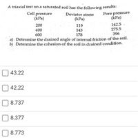 A triaxial test on a saturated soil has the following results:
Cell pressure
(kPa)
Deviator stress
(kPa)
Pore pressure
(kPa)
142.5
275.5
396
a) Determine the drained angle of internal friction of the soil.
b) Determine the cohesion of the soil in drained condition.
200
119
400
143
600
178
43.22
42.22
8.737
8.377
8.773
