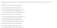 The P-value for a hypothesis test is shown. Use the P-value to decide whether to reject H, when the level of significance is (a) a = 0.01, (b) a = 0.05, and (c) a = 0.10.
P= 0.0406
(a) Do you reject or fail to reject H, at the 0.01 level of significance?
O A. Reject H, because the P-value, 0.0406, is less than a = 0.01.
O B. Fail to reject H, because the P-value, 0.0406, is less than a = 0.01.
OC. Reject H, because the P-value, 0.0406, is greater than a = 0.01.
O D. Fail to reject H, because the P-value, 0.0406, is greater than a = 0.01.
(b) Do you reject or fail to reject H, at the 0.05 level of significance?
O A. Fail to reject H, because the P-value, 0.0406, is greater than a= 0.05.
O B. Reject H, because the P-value, 0.0406, is less than a = 0.05.
O C. Reject H, because the P-value, 0.0406, is greater than a = 0.05.
O D. Fail to reject H, because the P-value, 0.0406, is less than a = 0.05.
(c) Do you reject or fail to reject H, at the 0.10 level of significance?
O A. Reject H, because the P-value, 0.0406, is less than a = 0.10.
O B. Fail to reject H, because the P-value, 0.0406, is less than a = 0.10.
