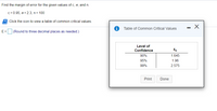 Find the margin of error for the given values of c, o, and n.
c = 0.95, o = 2.3, n= 100
Click the icon to view a table of common critical values.
Table of Common Critical Values
E= (Round to three decimal places as needed.)
Level of
Confidence
90%
1.645
95%
1.96
99%
2.575
Print
Done
