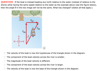 QUESTION If the boat is instead heading due north relative to the water (instead of relative to the
shore) while having the same speed relative to the water as the example above (see the figure below),
then the angle 0 in the two image will not be the same. What has changed? (Select all that apply.)
FRE
VBE
VBR
N
W-
-E
S
The velocity of the boat is now the hypotenuse of the triangle shown in the diagram.
The component of the boat velocity across the river is smaller.
The magnitude of the boat velocity is different.
The component of the boat velocity across the river is larger.
The velocity of the boat is now the base of the triangle shown in the diagram.
