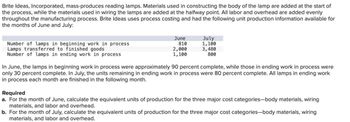 Brite Ideas, Incorporated, mass-produces reading lamps. Materials used in constructing the body of the lamp are added at the start of
the process, while the materials used in wiring the lamps are added at the halfway point. All labor and overhead are added evenly
throughout the manufacturing process. Brite Ideas uses process costing and had the following unit production information available for
the months of June and July:
Number of lamps in beginning work in process
Lamps transferred to finished goods
Number of lamps in ending work in process
June
810
2,000
1,100
July
1,100
3,480
800
In June, the lamps in beginning work in process were approximately 90 percent complete, while those in ending work in process were
only 30 percent complete. In July, the units remaining in ending work in process were 80 percent complete. All lamps in ending work
in process each month are finished in the following month.
Required
a. For the month of June, calculate the equivalent units of production for the three major cost categories-body materials, wiring
materials, and labor and overhead.
b. For the month of July, calculate the equivalent units of production for the three major cost categories-body materials, wiring
materials, and labor and overhead.