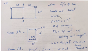 ### Structural Design Example

#### Diagram

The diagram depicts a structural layout with two beams labeled "A" and "B". The span dimensions are:
- **Beam A**: 24 feet
- **Beam B**: 30 feet (both spans are 24 feet in another direction)

#### Specifications

- **Concrete Strength**: \( f'_c = 3 \, \text{ksi} \)
- **Steel Grade**: Grade 60 Steel
- **Concrete Type**: Normal Weight Concrete (NWC)
- **Cover**: 1.5 inches
- **Stirrups**: #4 stirrups

#### Loads

- **Dead Load (DL)**: 70 psf (not including self-weight)
- **Live Load (LL)**: 40 psf (No Live Load Reduction)

#### Beam AB

- Dimensions: \( b = 12'' \), \( h = 24'' \)
- **Reinforcement**: 
  - \( 4 \# 8 \) bars for the main reinforcement
  - #4 stirrups positioned vertically at 24 inches

This illustration and accompanying notes provide important parameters for analyzing and designing beam AB following typical structural engineering practices.