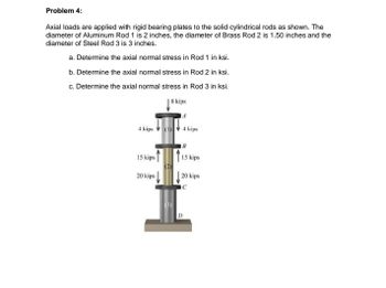 Problem 4:
Axial loads are applied with rigid bearing plates to the solid cylindrical rods as shown. The
diameter of Aluminum Rod 1 is 2 inches, the diameter of Brass Rod 2 is 1.50 inches and the
diameter of Steel Rod 3 is 3 inches.
a. Determine the axial normal stress in Rod 1 in ksi.
b. Determine the axial normal stress in Rod 2 in ksi.
c. Determine the axial normal stress in Rod 3 in ksi.
8 kips
4 kips (1)
15 kips
20 kips
4 kips
B
15 kips
20 kips
D