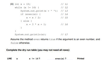 (iii) int x = 10;
while (x != 16) {
}
LINE
System.out.print (x +
if (even (x)) {
X = = x / 2;
} else {
X
}
X = 3 x + 1;
*
");
System.out.println(x);
// L7
Assume the method even returns true if the argument is an even number, and
false otherwise.
// L1
// L2
// L3
// L4
// L5
Complete the dry run table (you may not need all rows):
x != 16 ?
// L6
even (x) ?
Printed