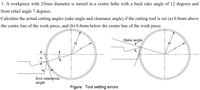 1. A workpiece with 25mm diameter is turned in a centre lathe with a back rake angle of 12 degrees and
front relief angle 7 degrees.
Calculate the actual cutting angles (rake angle and clearance angle) if the cutting tool is set (a) 0.8mm above
the centre line of the work piece, and (b) 0.8mm below the centre line of the work piece.
Rake angle
h
End clearance
angle
Figure. Tool setting errors
