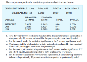 The computer output for the multiple regression analysis is shown below:
DEPENDENT VARIABLE: LNQ
OBSERVATIONS: 53
VARIABLE
INTERCEPT
LNH
LNS
PARAMETER
ESTIMATE
0.9162
0.3517
0.2550
R-SQUARE
0.5452
STANDARD
ERROR
0.2413
0.1021
0.0785
F-RATIO P-VALUE ON F
29.97
0.0001
T-RATIO
3.80
3.44
3.25
P-VALUE
0.0004
0.0012
0.0021
b. How do you interpret coefficients b and c? If the dealership increases the number of
salespersons by 20 percent, what will be the percentage increase in daily sales?
c. Test the overall model for statistical significance at the 5 percent significance level.
d. What percent of the total variation in daily auto sales is explained by this equation?
What could you suggest to increase this percentage?
e. Test the intercept for statistical significance at the 5 percent level of significance. If H
and S both equal 0, are sales expected to be 0? Explain why or why not.
f. Test the estimated coefficient b for statistical significance. If the dealership decreases
its hours of operation by 10 percent, what is the expected impact on daily sales?
