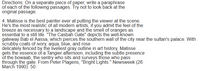 Directions: On a separate piece of paper, write a paraphrase
of each of the following passages. Try not to look back at the
original passage.
4. Matisse is the best painter ever at putting the viewer at the scene.
He's the most realistic of all modern artists, if you admit the feel of the
breeze as necessary to a landscape and the smell of oranges as
essential to a still life. "The Casbah Gate" depicts the well-known
gateway Bab el Aassa, which pierces the southern wall of the city near the sultan's palace. With
scrubby coats of ivory, aqua, blue, and rose
delicately fenced by the liveliest gray outline in art history, Matisse
gets the essence of a Tangier afternoon, including the subtle presence
of the bowaab, the sentry who sits and surveys those who pass
through the gate. From Peter Plagens, "Bright Lights." Newsweek (26
March 1990): 50.
