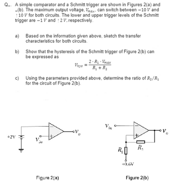 Q_. A simple comparator and a Schmitt trigger are shown in Figures 2(a) and
_(b). The maximum output voltage, Vmax, can switch between -10 V and
! 10 V for both circuits. The lower and upper trigger levels of the Schmitt
trigger are -1 V and 12 V, respectively.
a)
b)
Based on the information given above, sketch the transfer
characteristics for both circuits.
+2V
Show that the hysteresis of the Schmitt trigger of Figure 2(b) can
be expressed as
c)
Using the parameters provided above, determine the ratio of R₂/R₁
for the circuit of Figure 2(b).
1₂
Vhys =
Figure 2(a)
2.R₁-Vmax
R₁ + R₂
V₂
KŲ
+0.6V
R₂
Figure 2(b)
Tºv.