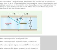 For a new sailboat, a designer wants to determine the drag force that may be expected at a
given speed. To do so, she places a model of the proposed hull in a test channel and uses three
cables to keep its bow on the center-line of the channel. Dynamometer readings indicate that
for a given speed, the tension is 35 lb in cable AB and 40 lb in cable AE. The drag force is
exerted in the direction of Flow at point A.
–7 ft -
B
E1.5 ft
4 ft
Flow
A
4 ft
E
What is the magnitude of the drag force in Ib?
What is the magnitude of the tension force in cable AC in Ib?
What is the angle a in degrees measured CCW from the vertical?
What is the angle B in degrees measured CW from the vertical?
