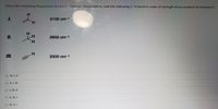 Given the stretching frequencies for the C-H bonds shown below, rank the following C-H bond in order of strength (from weakest to strongest).
H.
I.
3100 cm-1
H.
H
I.
2900 cm-1
H.
H.
II.
3300 cm-1
O II, I, I
O II, I, II
O L II, II
O I, III, I
III, II, I
