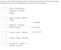 Consider each of the following reactions and decide whether the standard entropy
change for the reaction will be positive; or close to 0; or negative.
Cu(s) + 2 H2SO4(aq) =
CuSO4(aq) + 2 H2O(1) +
SO2(g)
Mg(s) + CO2(g) = MgO(s) +
CO(g)
1. negative
BaSO4(s) + 2 H20(g) =
BasO4.2H20(s)
2. positive
2 Na(1) + H2(g) = 2 NaH(s)
3. close to 0
NH3(g) + HCI(g) = NH4C(s)
C6H1206(s) + 6 O2(g) = 6
CO2(g) + 6 H20(1)
>
>
>
