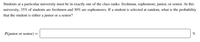 Students at a particular university must be in exactly one of the class ranks: freshman, sophomore, junior, or senior. At this
university, 35% of students are freshmen and 30% are sophomores. If a student is selected at random, what is the probability
that the student is either a junior or a senior?
P(junior or senior) =
%
