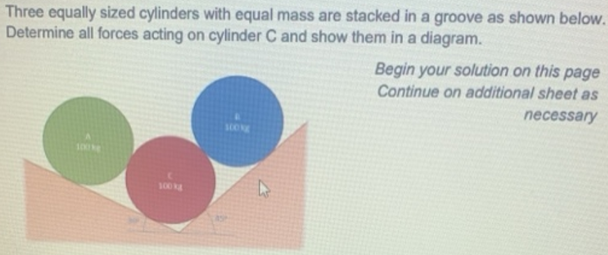 Three equally sized cylinders with equal mass are stacked in a groove as shown below.
Determine all forces acting on cylinder C and show them in a diagram.
Begin your solution on this page
Continue on additional sheet as
necessary
100
100
