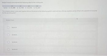 Keeds Products has projected the following sales for the coming year
01
02
Sales $14,600 $13,750
Multiple Choice
The company places orders each quarter that are 35 percent of the following quarter's sales and has a 60-day payables period. What is the payment of accounts
for the second quarter?
$4,812.50
$4.90875
$3,400 83
03
$14,575
$5,005 00
04
$15,625