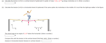 (a) Calculate the tension (in N) in a vertical strand of spiderweb if a spider of mass 7.00 x 105 kg hangs motionless on it. (Enter a number.)
N
(b) Calculate the tension (in N) in a horizontal strand of spiderweb if the same spider sits motionless in the middle of it much like the tightrope walker in the figure.
5.0°
T₁
TR
Tờ Ta
W
-5.0°
The strand sags at an angle of 11.0° below the horizontal. (Enter a number.)
N
Compare this with the tension in the vertical strand (find their ratio). (Enter a number.)
(tension in horizontal strand)/(tension in vertical strand)
=