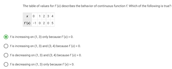 The table of values for f'(x) describes the behavior of continuous function f. Which of the following is true?
X
0 1 2 3 4
f'(x) -1 0 2 05
f is increasing on (1, 3) only because f '(x) > 0.
f is increasing on (1, 3) and (3, 4) because f'(x) > 0.
f is decreasing on (1, 3) and (3, 4) because f '(x) > 0.
f is decreasing on (1,3) only because f'(x) > 0.