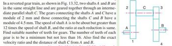 In a reverted gear train, as shown in Fig. 13.32, two shafts A and B are
in the same straight line and are geared together through an interme-
diate parallel shaft C. The gears connecting the shafts A and Chave a
module of 2 mm and those connecting the shafts C and B have a
module of 4.5 mm. The speed of shaft A is to be about but greater than
12 times the speed of shaft B, and the ratio at each reduction is same.
Find suitable number of teeth for gears. The number of teeth of each
gear is to be a minimum but not less than 16. Also find the exact
velocity ratio and the distance of shaft C from A and B.
2
1
A
C
B
st
