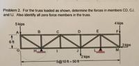 Problem 2. For the truss loaded as shown, determine the forces in members CD, CJ,
and IJ. Also identify all zero force members in the truss.
5 kips
4 kips
A
B
F
6 ft
3 kips
M
2 kips
5@10 ft 50 ft-
