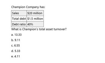 Champion Company has:
Sales
$20 million
Total debt $1.5 million
Debt ratio 40%
What is Champion's total asset turnover?
a. 13.33
b. 9.11
c. 6.55
d. 5.33
e. 4.11