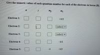 Give the numeric values of each quantum number for each of the electrons in boron (B).
m,
Electron 1:
+1/2
Electron 2:
(select) v
Electron 3:
(select) v
Electron 4:
-1/2
Electron 5:
-1
-1/2
