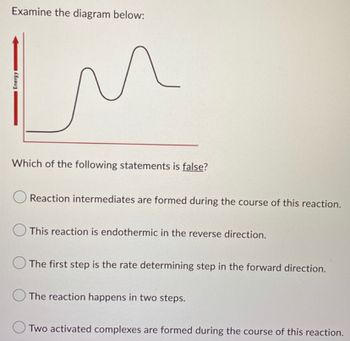 Examine the diagram below:
In
Energy
Which of the following statements is false?
Reaction intermediates are formed during the course of this reaction.
This reaction is endothermic in the reverse direction.
The first step is the rate determining step in the forward direction.
The reaction happens in two steps.
Two activated complexes are formed during the course of this reaction.