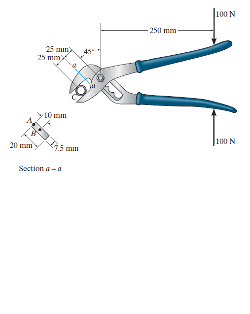 100 N
250 mm
25 mm>
25 mmx
45°
10 mm
20 mm
100 N
7.5 mm
Section a – a
