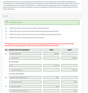 At the beginning of the current period, Shamrock Corp. had balances in Accounts Receivable of $187,800 and in Allowance for
Doubtful Accounts of $9,630 (credit). During the period, it had net credit sales of $860,400 and collections of $687,720. It wrote off
as uncollectible accounts receivable of $7,381. However, a $2,859 account previously written off as uncollectible was recovered
before the end of the current period. Uncollectible accounts are estimated to total $23,070 at the end of the period. (Omit cost of
goods sold entries.)
(a-d)
(a)
(b)
(c)
(d)
Your answer is correct.
(List all debit entries before credit entries. Credit account titles are automatically indented when amount is entered. Do not indent
manually. If no entry is required, select "No Entry for the account titles and enter O for the amounts)
(b)
Prepare the entries to record sales and collections during the period.
Prepare the entry to record the write-off of uncollectible accounts during the period.
Prepare the entries to record the recovery of the uncollectible account during the period.
Prepare the entry to record bad debt expense for the period.
No. Account Titles and Explanation
(a)
Accounts Receivable
(c)
Sales Revenue
(To record sales)
Cash
Accounts Receivable
(To record cash received)
Allowance for Doubtful Accounts
Accounts Receivable
Accounts Receivable
Allowance for Doubtful Accounts
Debit
860400
1
[D] ZU
687720
7381
Credit
2859
860400
687720
7381
2859
